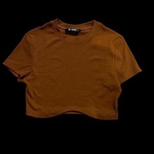 shein x klo brown ribbed short sleeve crop top